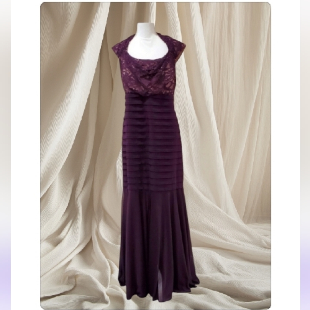 Elegant Purple Lace & Pleated Evening Gown